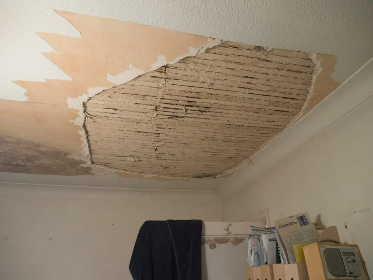Water-damaged ceiling with plaster torn away