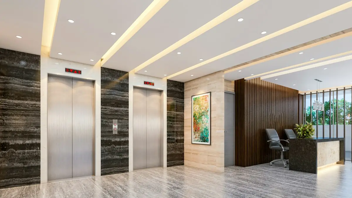 Elevator bank in a commercial building lobby