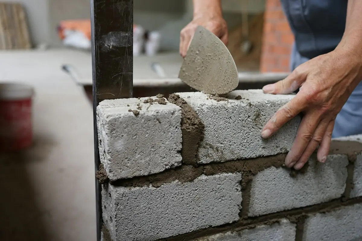 Mason setting concrete blocks with a trowel