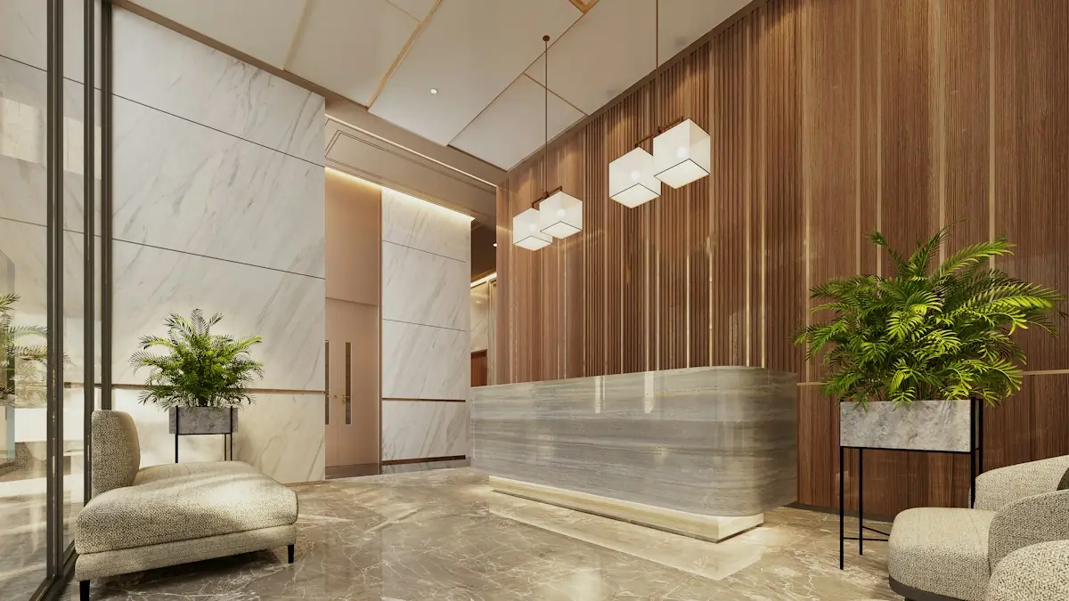 Office building lobby with a stone reception desk