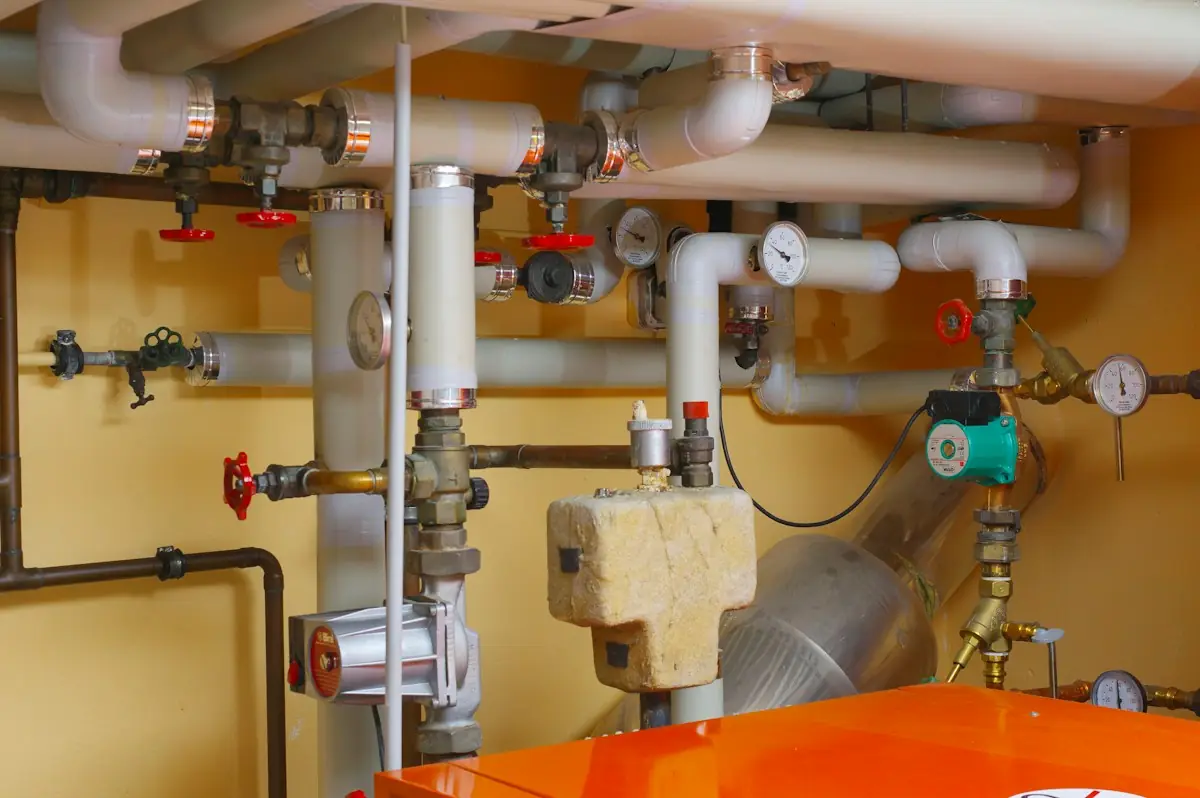 Pipes, valves and pressure gauges in a building mechanical room