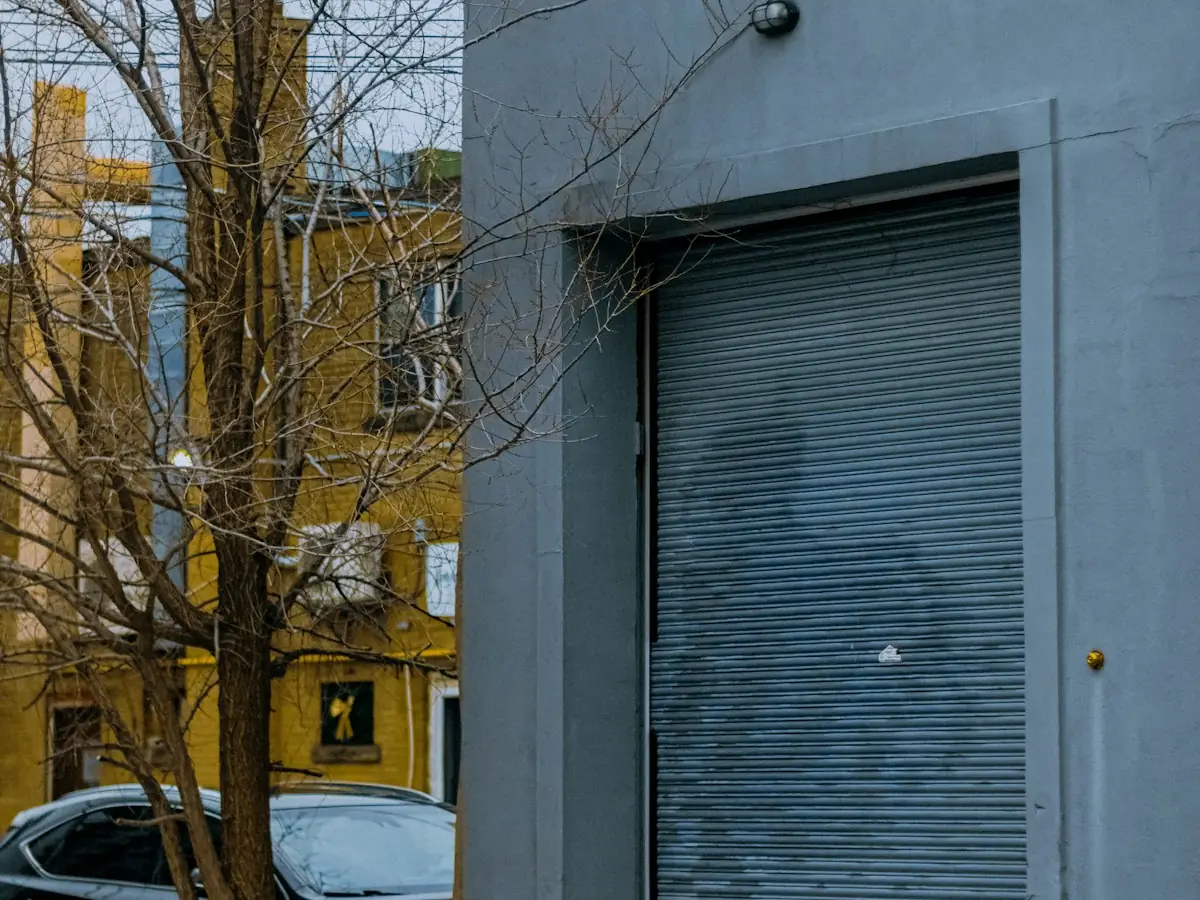Steel roll-up door on a commercial building