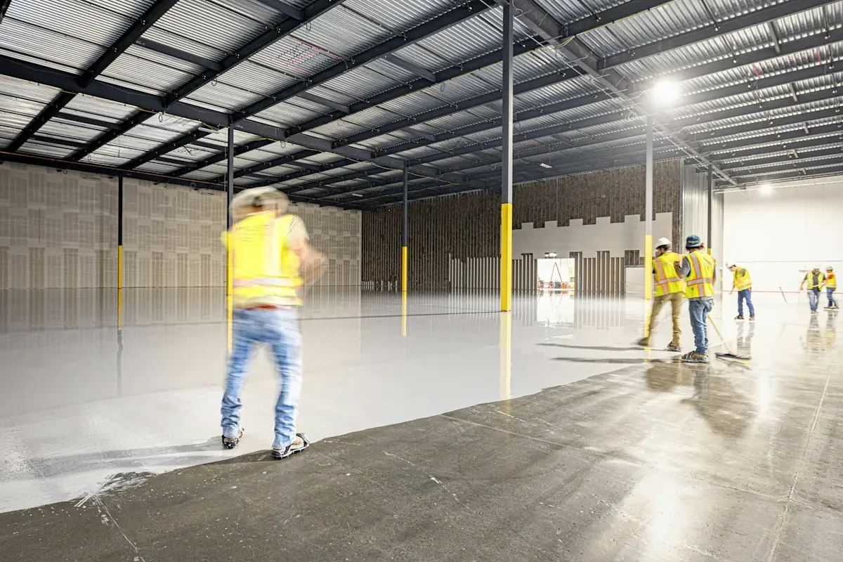 Crew finishing the polished concrete floor of a new warehouse